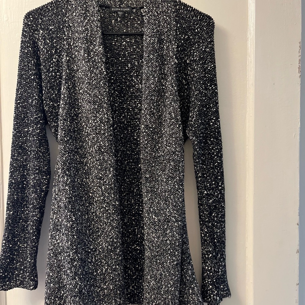 Eileen Fisher Black and White Open-Front Cardigan
